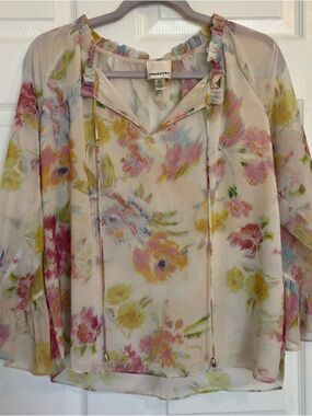 Sheer Floral Blouse Size S/P Pastel Ruffle Sleeve Boho Top